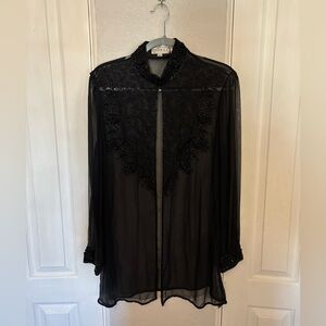 NWT Adrianna Papell 100% Silk Jet Black Heavily Beaded Sheer Tunic Size Large